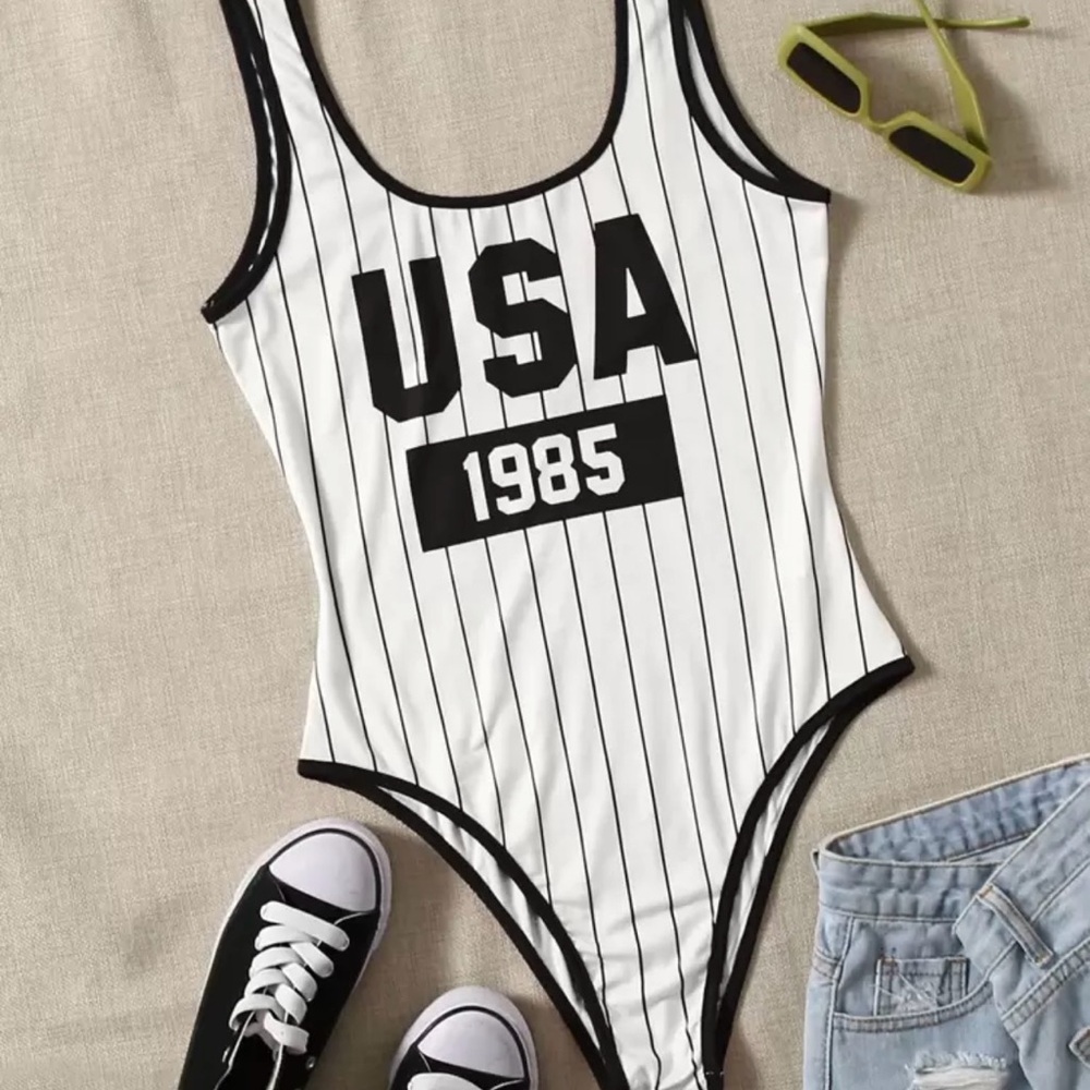 USA 1985 Striped One-Piece Bodysuit- Black & White